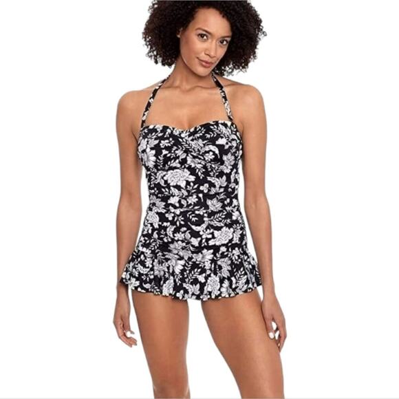 Ralph Lauren BLACK/WHITE Toile Floral Twisted Skirted One-Piece Swimsuit, US 22W - Picture 6 of 11